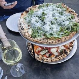 a table with food and a drink