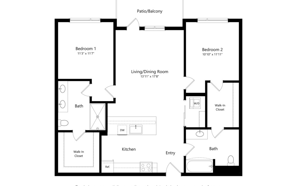 B12 - 2 bedroom floorplan layout with 2 bathrooms and 1087 square feet