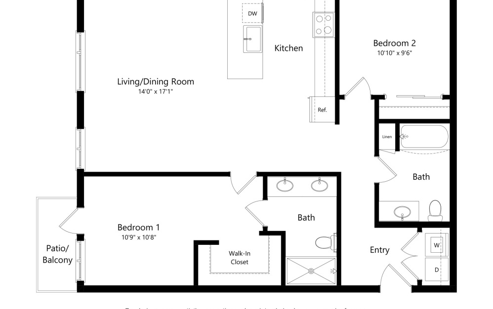 B18 - 2 bedroom floorplan layout with 2 bathrooms and 1136 square feet