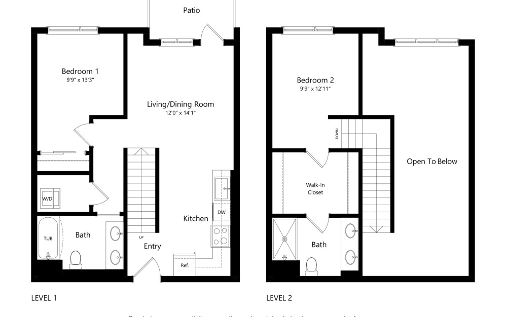 B2 - 2 bedroom floorplan layout with 2 bathrooms and 1017 square feet