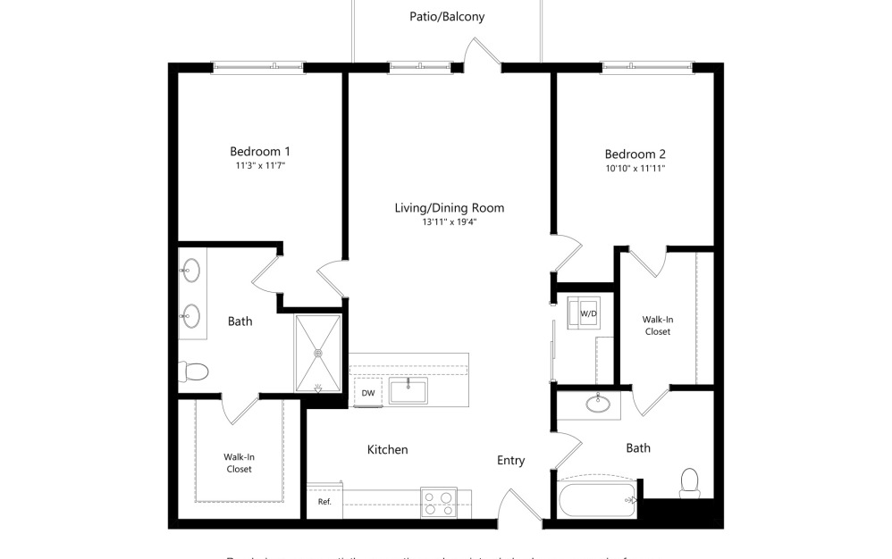 B7 - 2 bedroom floorplan layout with 2 bathrooms and 1048 square feet