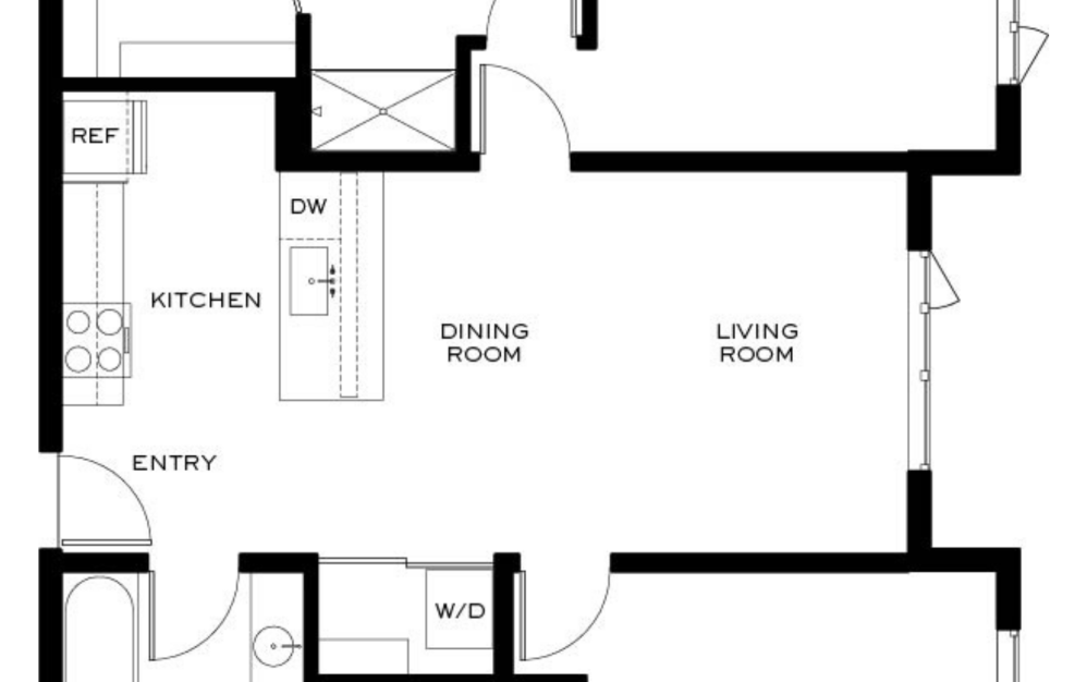 B3 - 2 bedroom floorplan layout with 2 bathrooms and 1032 square feet